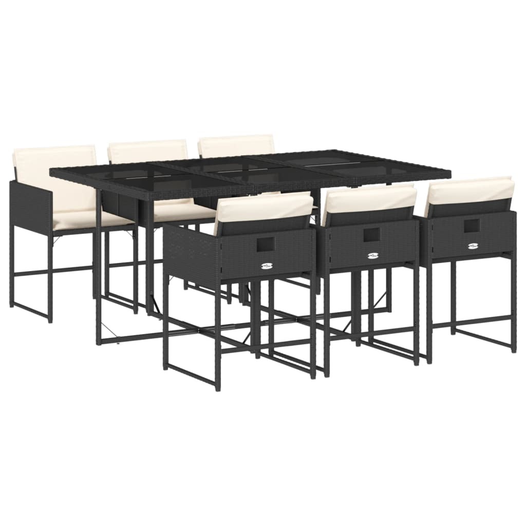 Garten-Essgruppe 7-teilig, platzsparend stapelbar, Poly Rattan Schwarz, Hartglas-Tischplatte, cremeweiße Kissen, UV-beständig