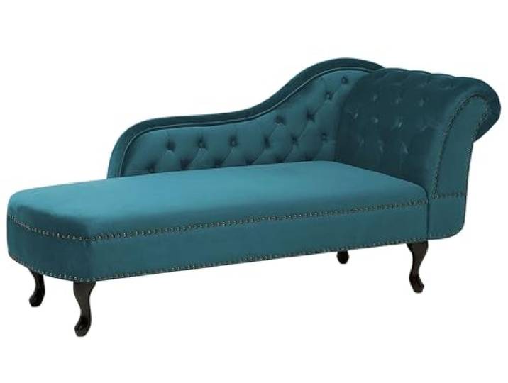 Beliani Rechtsseitige Chaiselongue Blaugrün Samtstoff Glamourös Retro Stoff, Blau, Abgesenkt, Schaumstoff-Füllung, Wellenfederung, Sitzhöhe 43 cm, Belastbarkeit 180 kg, 169 x 65 x 79 cm