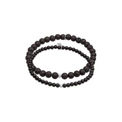 Armkette KUZZOI "Armband Lava Onyx Edelstein Perlen Set Bead aus 925 Silber" Gr. 210, silber, Armbänder, Herren, 210, Silber 925 (Sterlingsilber), Armkette