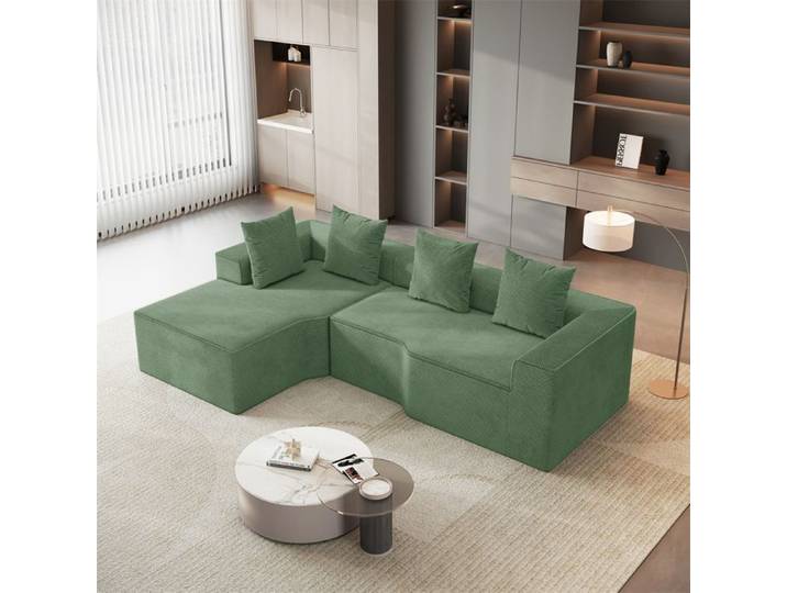 DRIPEX Canapé d'angle gauche 4/5 places en Velours Côtelé Vert Canapé compressé avec 4 coussins méridienne gauche 270x152x59cm