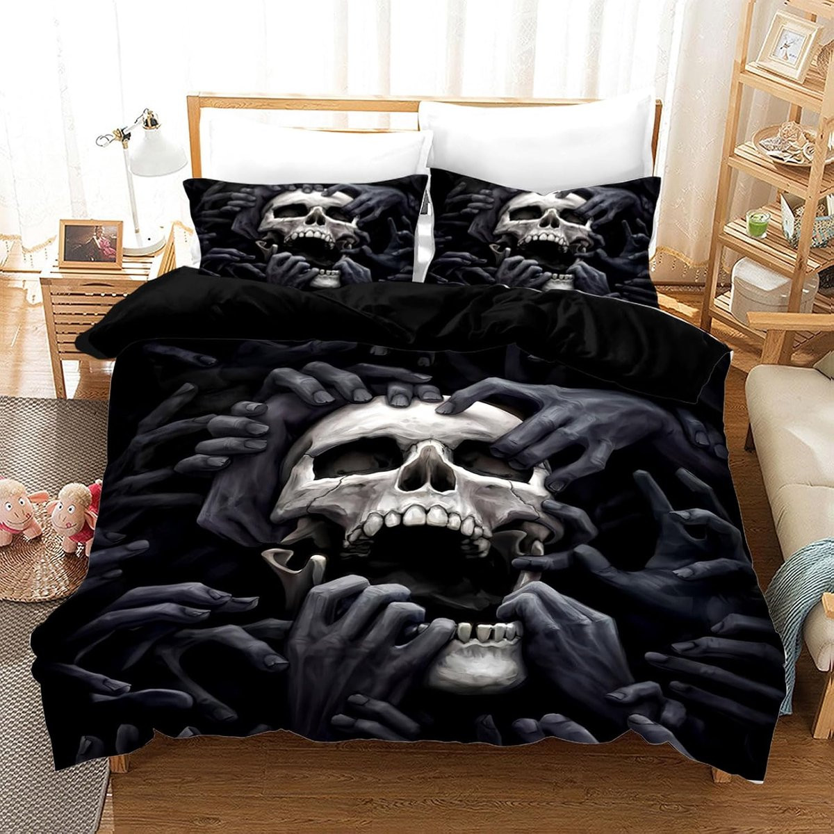 Beddengoedset met doodshoofd en zwarte gothic print van microvezel, 135 x 200 cm