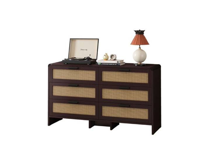 Commode 6 tiroirs 130cm buffet salon commode chambre meuble de rangement Commode en rotin pour Chambre à Coucher Salon entrée