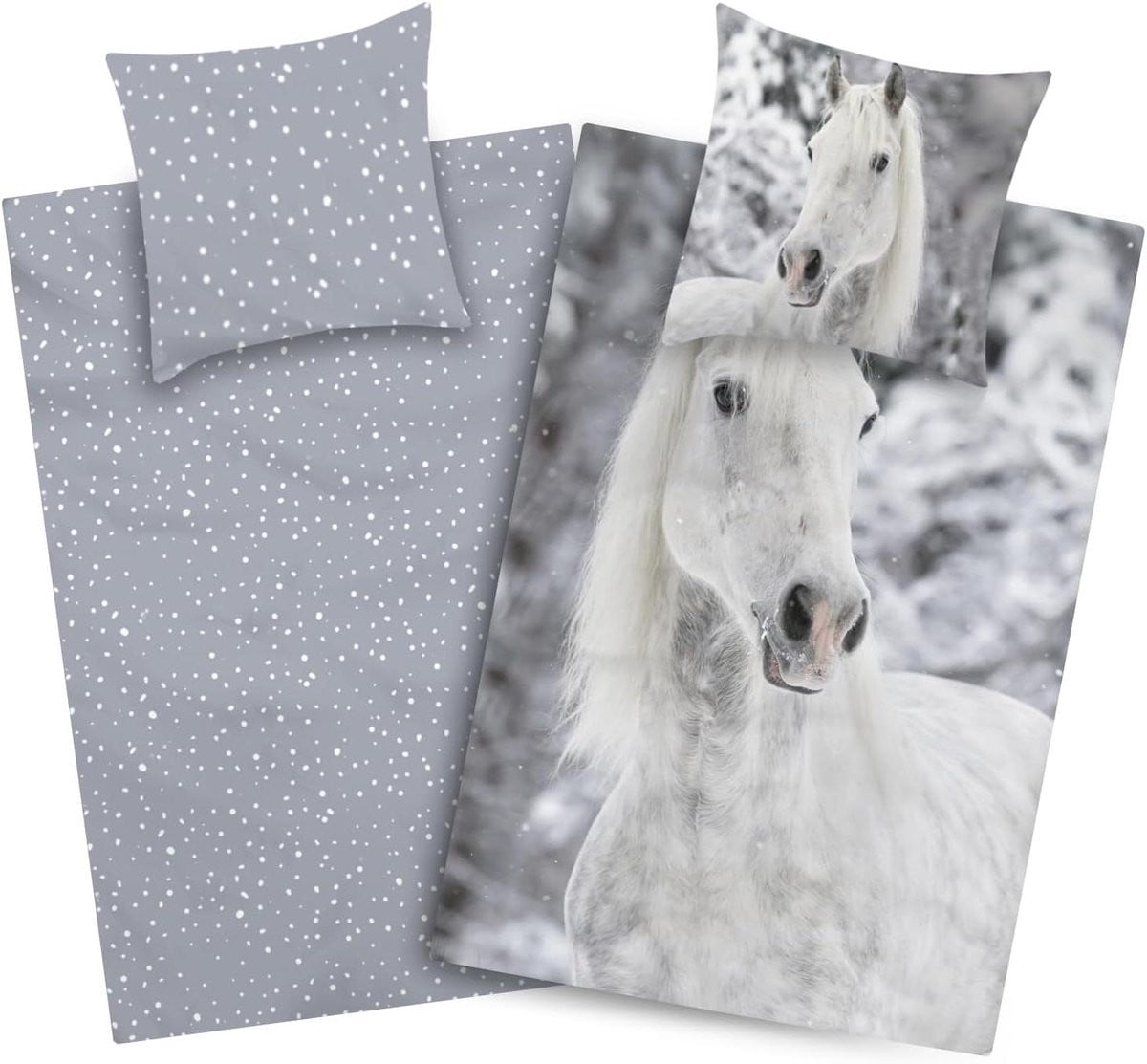 Kinder Flanel Beddengoed Set met Paardenmotief - Grijs - 135 x 200 cm