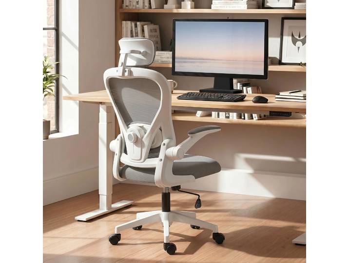 HOMCOM Fauteuil Bureau Ergonomique Accoudoirs Relevables Gris