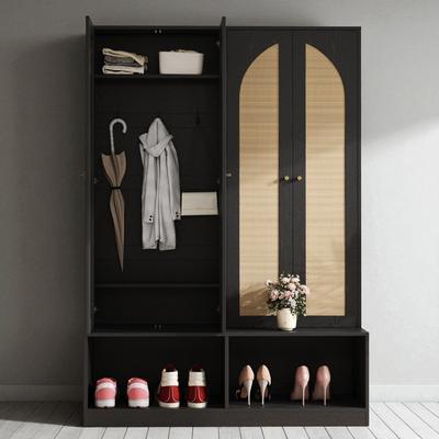 Fundinbaths Farmhouse Hall Tree with 4 Rattan Doors, 6 Hooks & Bench, Mid-Century Entryway Organizer with Adjustable Shelves