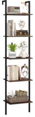 Costway 5 Tier Wall Mount Ladder Shelf with Anti-Tipping Kits for Home Office-Rustic Brown