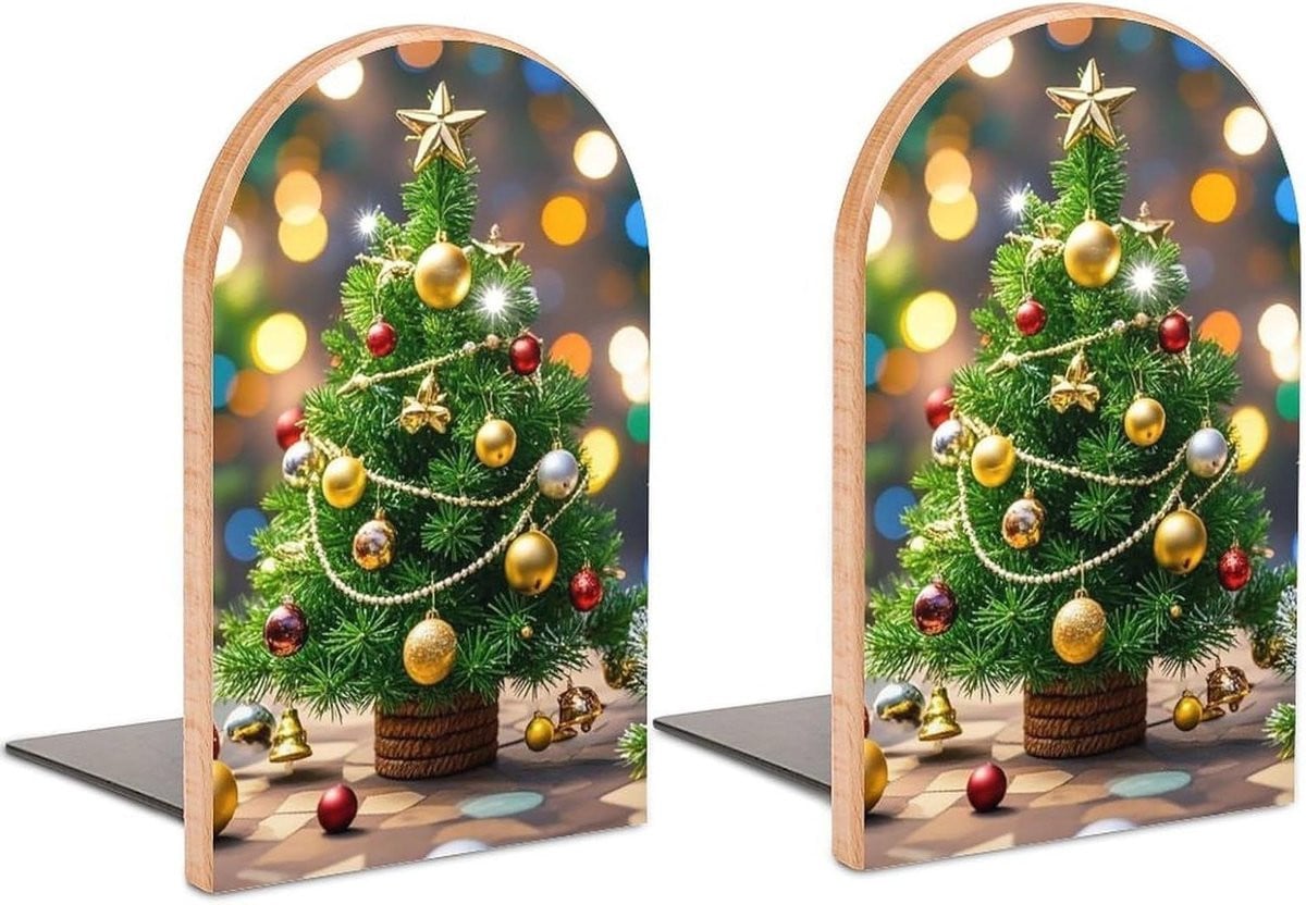 Decoratieve houten boekensteunen met kerstboom klokken en antislip schuimkussens - Hoogte: 12,7 cm