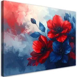 LEINWANDBILDER, Abstrakte rote Blumen auf blauem Hintergrund
