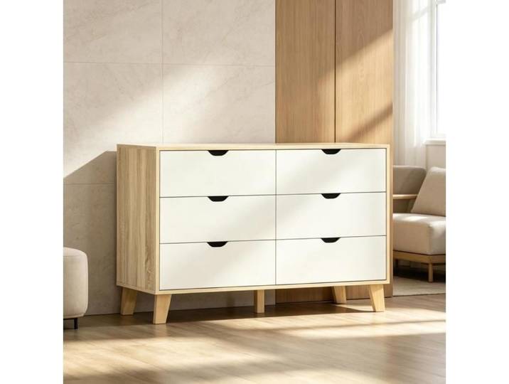 ROVRYN Commode 6 tiroirs 120 cm scandinave blanc et effet chêne rangement chambre en panneaux de particules