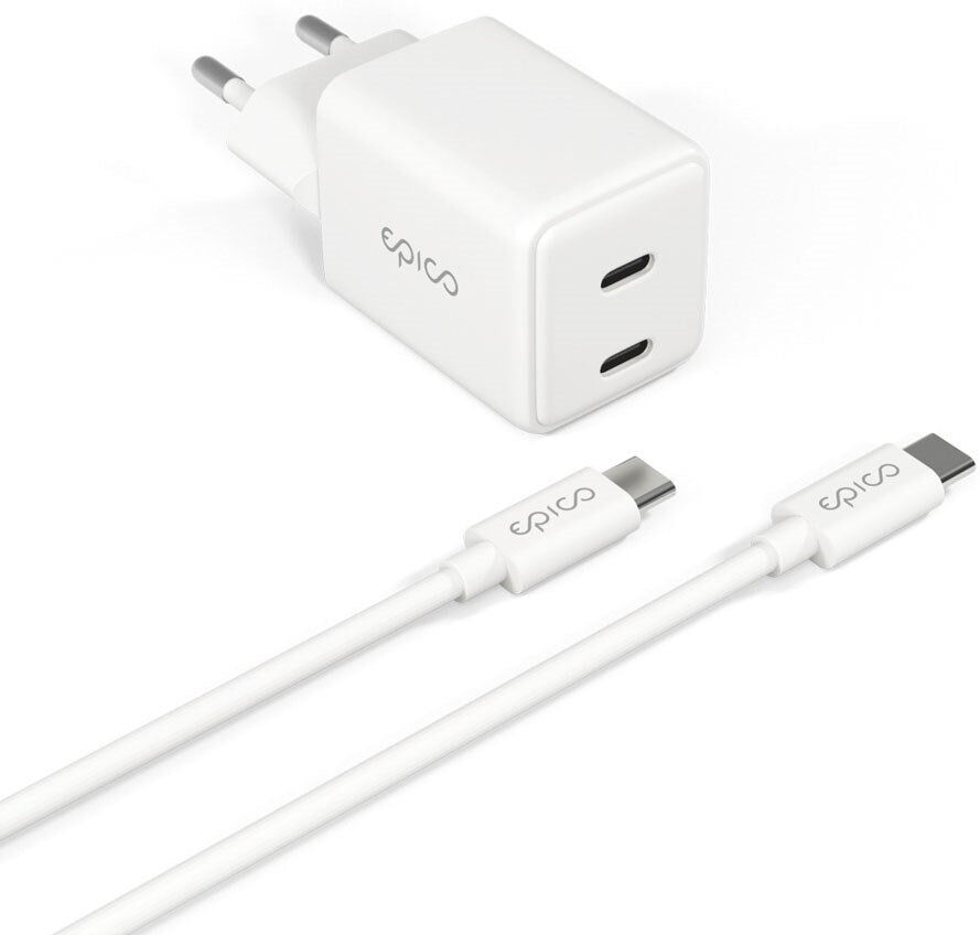 Epico UltraBoost GaN 35W Vægoplader - 1.2m USB-C til USB-C Kabel - 2x USB-C - Hvid