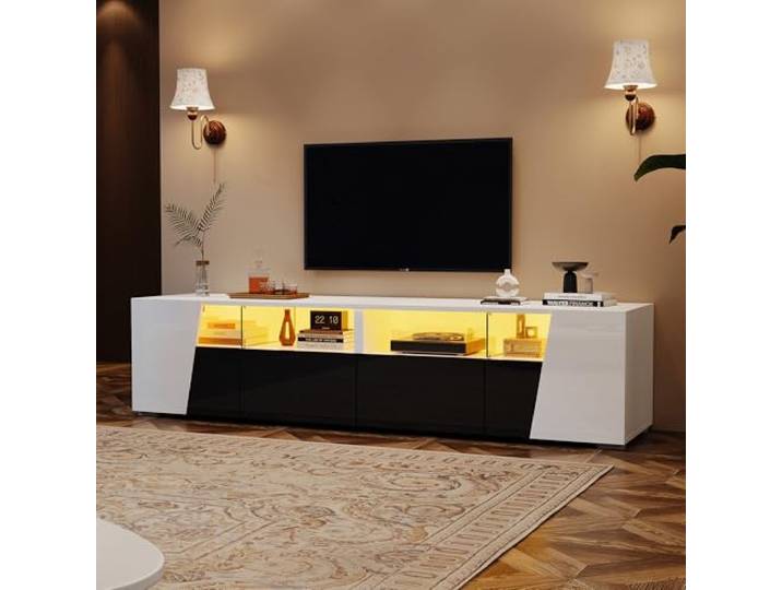 Merax TV-Schrank Hochglanz, Moderner TV Lowboard mit LED, Fernsehschrank mit Zwei Falttüren, Zwei Schublade, Offene Staufächer, TV-ständer TV Bank für Fernseher bis zu 80 Zoll, Weiß & Schwarz, 180cm