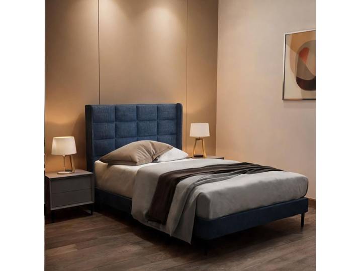Lit simple pour chambre adulte modèle rembourré bleu-toné en lin dimensions 90x200 cm avec matelas inclus