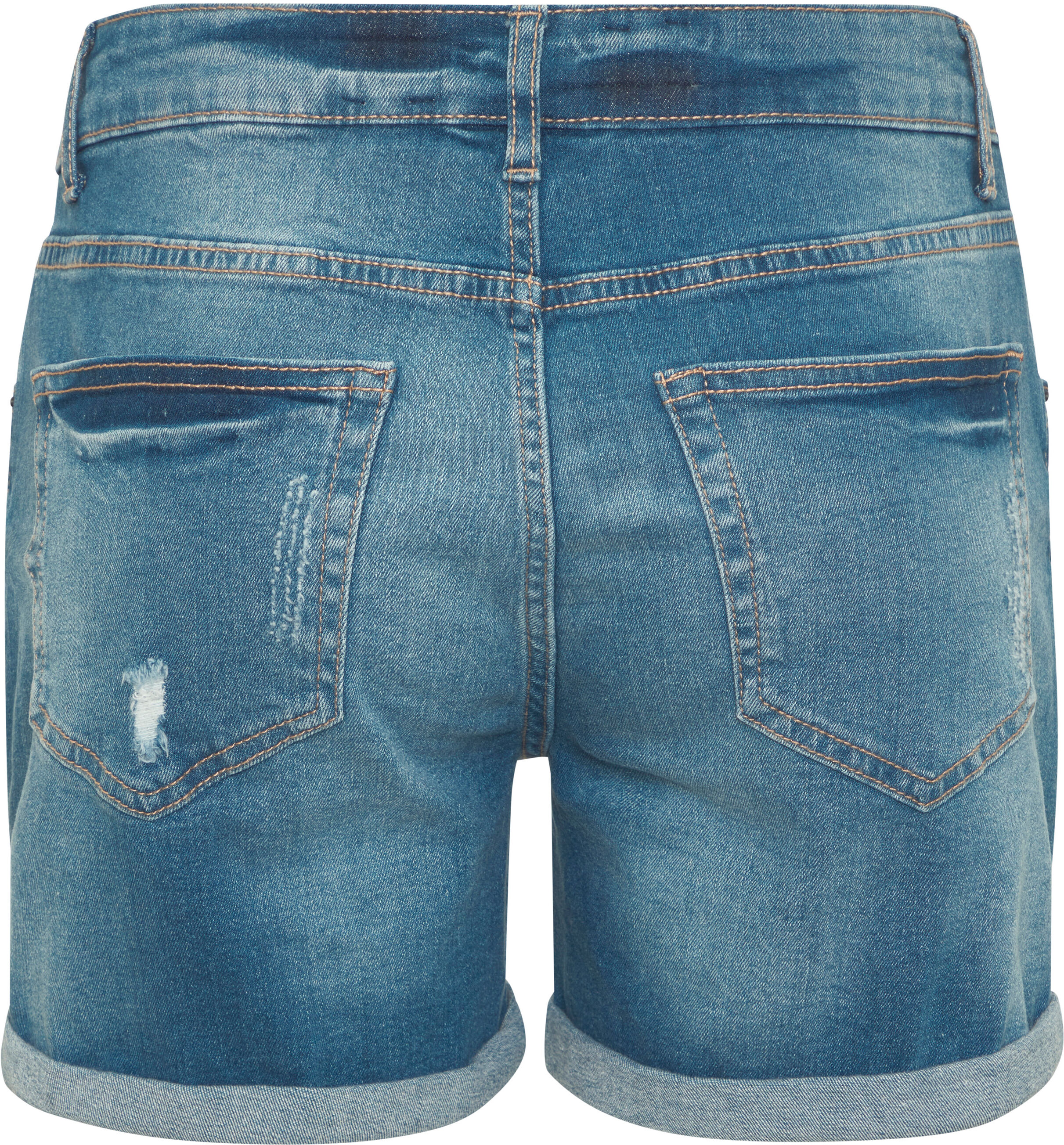 Jeansbermudas BUFFALO "aus bequemer Baumwollqualität", Damen, Gr. 34, N-Gr, blau (blau washed), Denim/Jeans, Obermaterial: 98% Baumwolle, 2% Elasthan, Destroyed-Effekte, figurumspielend kurz, Jeans Jeansbermudas, mit Destroyed-Effekten, Shorts zum Krempel