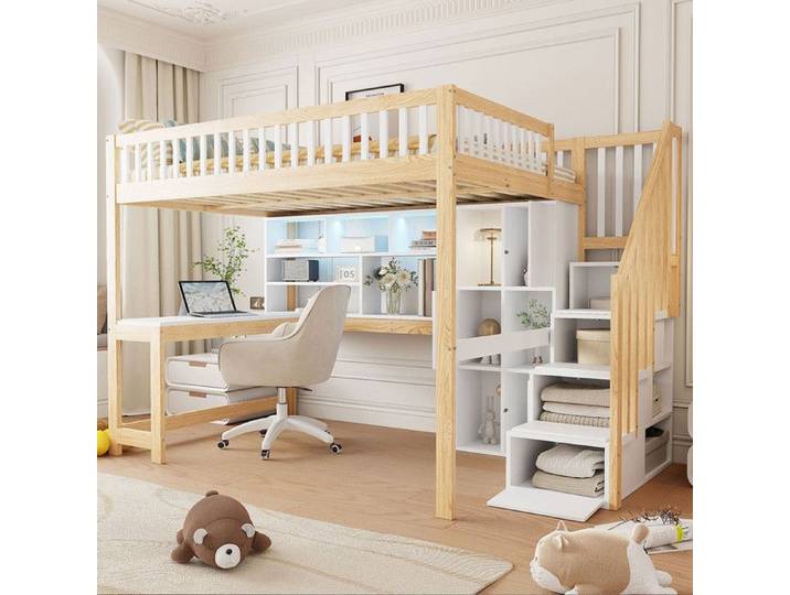 Lit mezzanine - MODERNLUXE - 140x200 cm - LED - Échelle rangement - Bureau - Blanc+Naturel