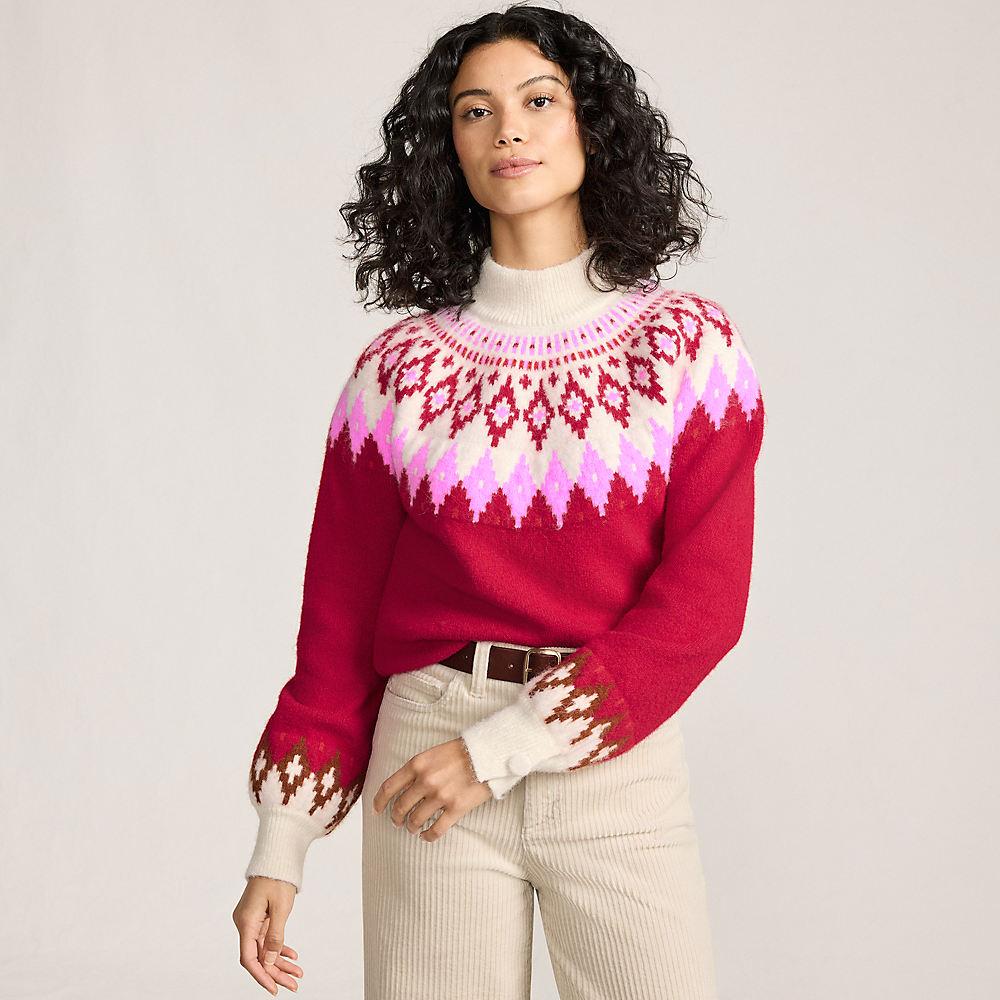 Flauschiger Fair Isle Pullover mit Ballonärmeln für Damen, Damen, size: regular, Rot, Polyester-Mischung/Nylon-Mischung, by Lands' End