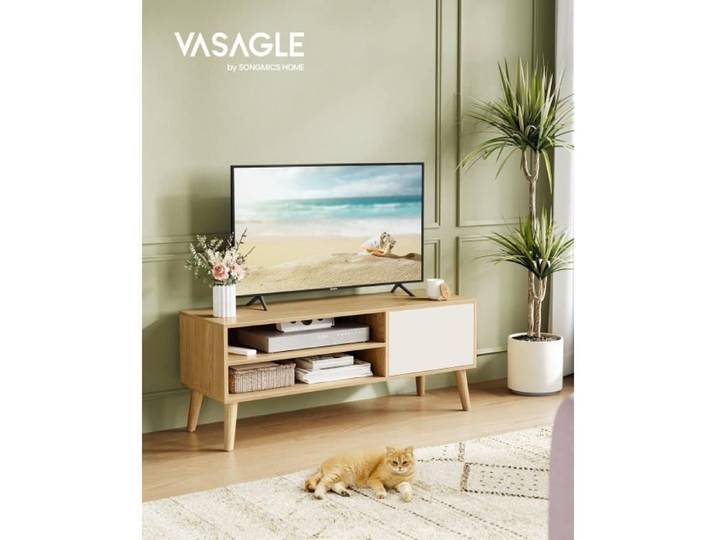 Meuble TV pour Télévision jusqu'à 55 Pouces Longueur 120 cm Style Rustique Couleur Chêne Naturel et Blanc Crème
