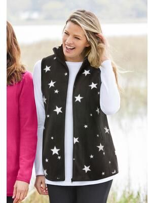 Women's Zip-Front Microfleece Vest by Woman Within in Black White Stars (Size 6X)