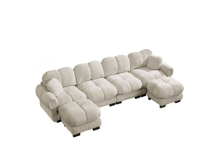 ELVORIN canapé modulable en U 4 places tissu chenille 2 ottomanes mobiles dossier ergonomique courbe khaki clair