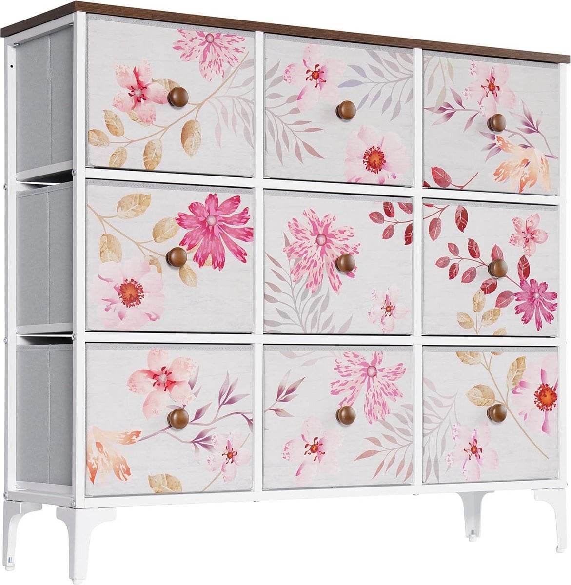 LYNCOHOME Ladekast met 9 stoffen laden en houten blad voor slaapkamer, woonkamer of kinderkamer