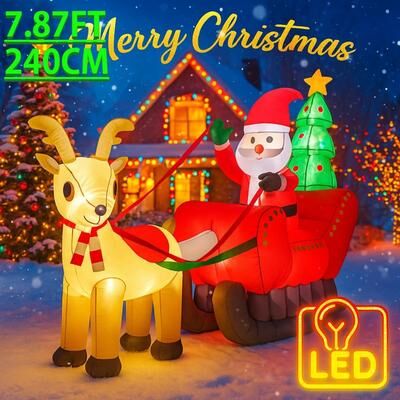 Inspire Select 7.87ft Christmas Inflatable Santa Sleigh With Reindeer LED Lights Outdoor Yard Holiday Decoration santa Sleigh With Reindeer uk Plug