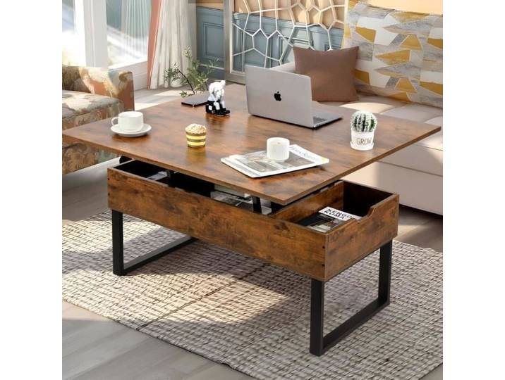 Table Basse Relevable - VOWNER - Table Basse Convertible Manger de Salon Marron Vintage - Salon - Rectangulaire - Vintage