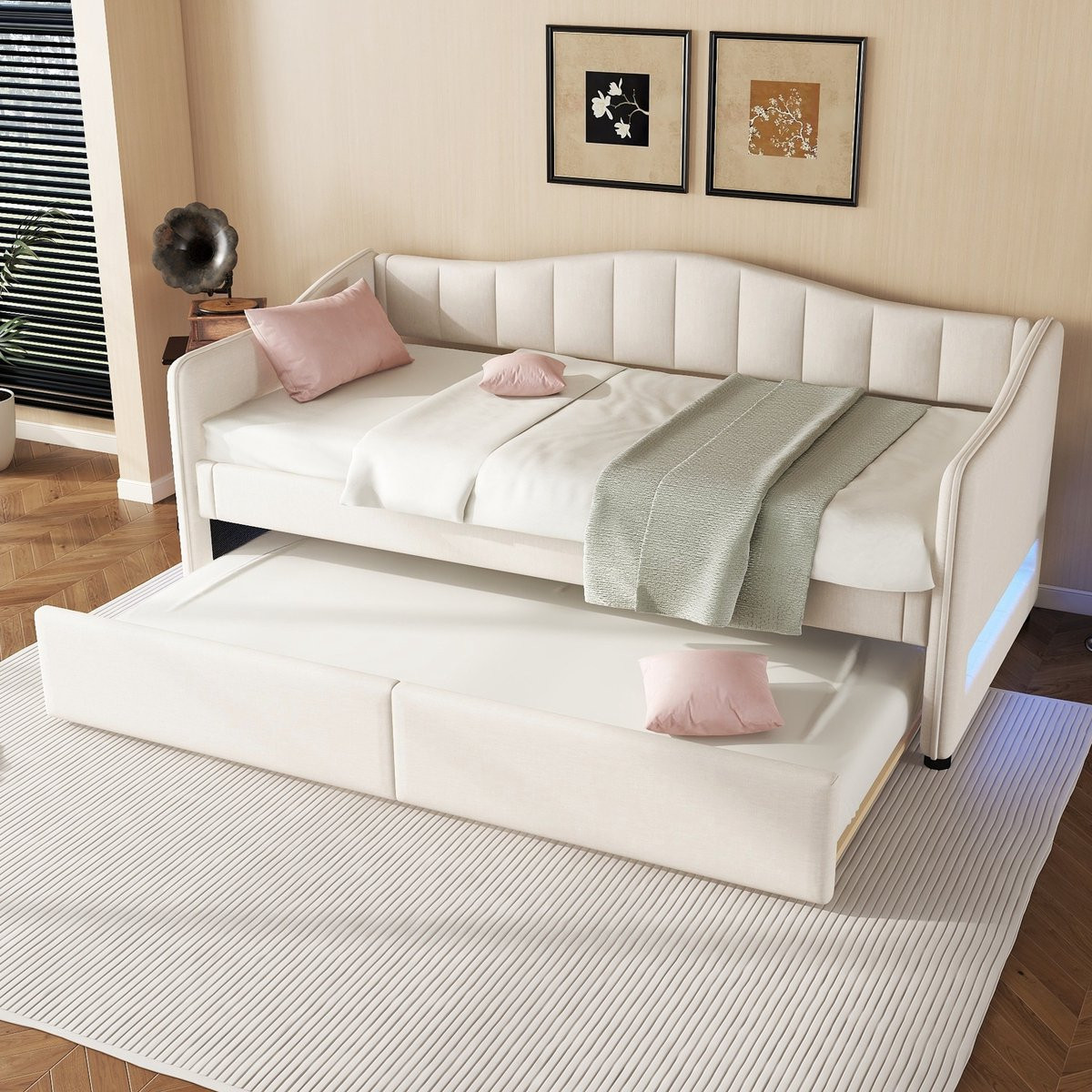 HAUSS SPOLE Dagbed met LED Sfeerverlichting en Uitschuifbaar Onderschuifbed, Beige, 90x200 cm