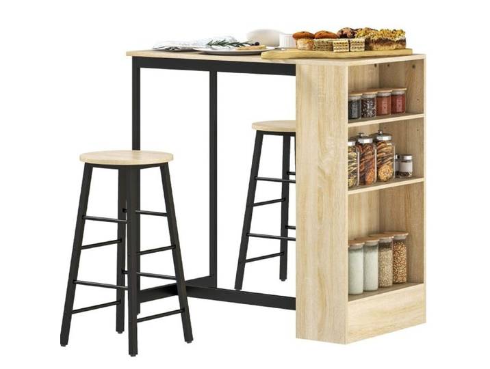WOVREO Ensemble table de bar 3 pièces avec 2 tabourets rangement latéral décor chêne et métal noir
