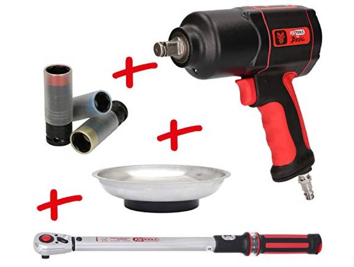 KS Tools 515.2095 Reifenwechsel-Aktionspaket, 6-TLG. [Inhalt: THE Devil Druckluft-Schlagschrauber, 1600 Nm 1/2 Drehmomentschlüssel 40-200 Nm Alu-Felgen Stecknuss-Satz Edelstahl-Magnet-Teller