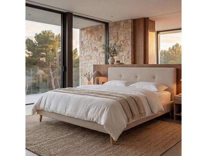 Mendler Polsterbett HWC-J98AM Massivholz - 180x200cm Creme-beige Bett, Doppelbett, Bettgestell, mit Lattenrost