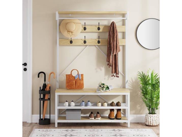 Porte-manteau multifonction - LUNSY - 8 crochets - Banc à chaussures - Étagère de rangement - Tringle pour vestes
