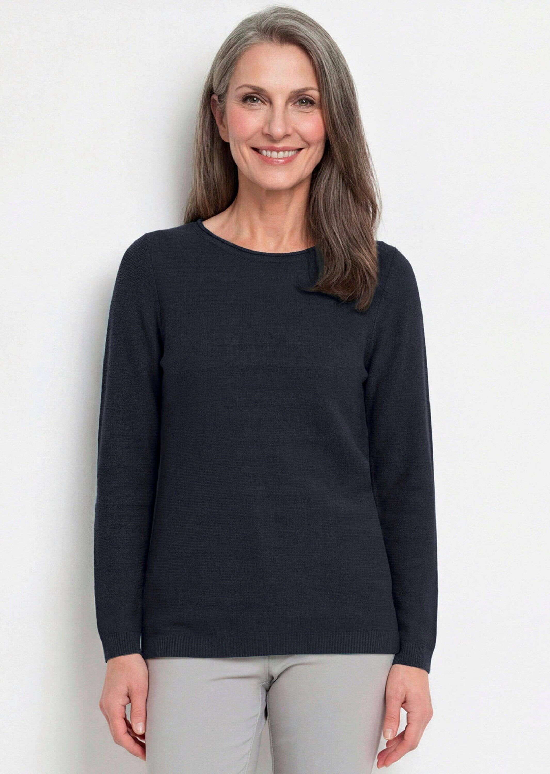 Rundhalspullover GOLDNER "Kurzgröße Strickpullover mit U-Boot-Ausschnitt", Damen, Gr. 19, blau (marine), Obermaterial: 70% Polyacryl PAN. 30% Schurwolle WV., figurumspielend, U-Boot-Ausschnitt, Gerade, Pullover Rundhalspullover, rollbündchen am Ausschnitt