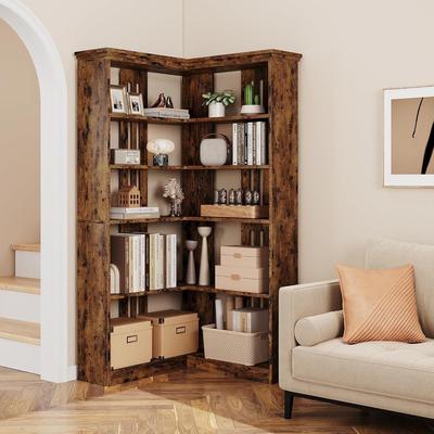 Garvee Corner Bookshelf 72.8in Farmhouse Bookcase Large Bookshelf Wood Bookcase Tall 5 Tier Corner Shelf L Shaped Bookshelfs