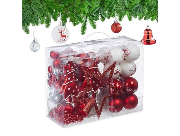 Relaxdays Boules de Noël\, Lot de 103\, en Plastique\, décoration de Sapin\, Boules\, pic et Perles\, Rouge/Blanc