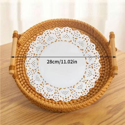 Uplift Essentials Woven Rattan Round Storage Basket Tray With Strap Handle For Snacks And Picnic l