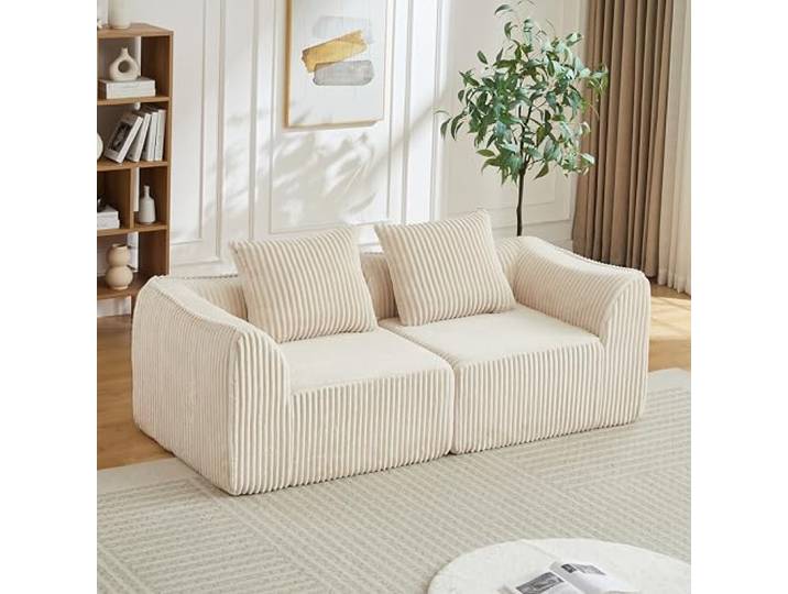 Switdo Cord-Modulsofa 6-Sitzer Beige mit sanft abfallender Lehne Fünf Kissen mit sanft abfallender Rückenlehne aus Cord