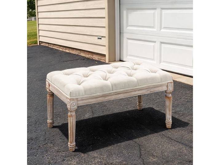 Banquette capitonnée 80 cm en polyester aspect lin beige et bois d'hévéa sculpté - Beige Polyester au toucher lin 31.5 x 15.75 x