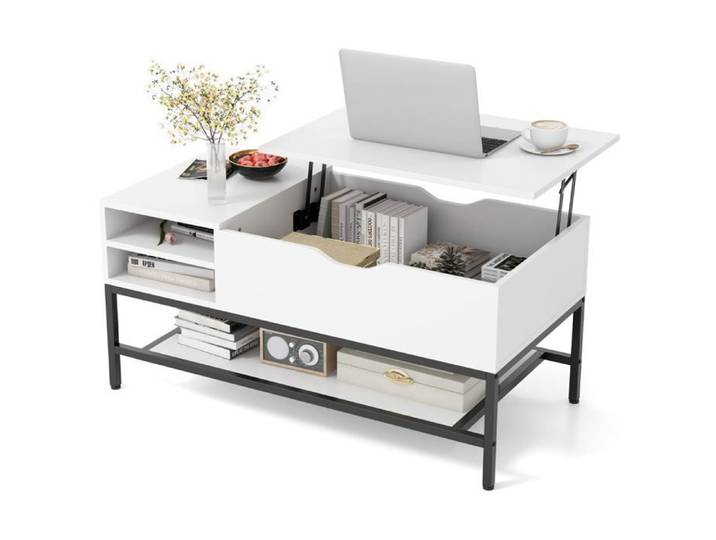Table basse relevable - HELLOSHOP26 - Style industriel - Plateau relevable - Rangement caché - Blanc