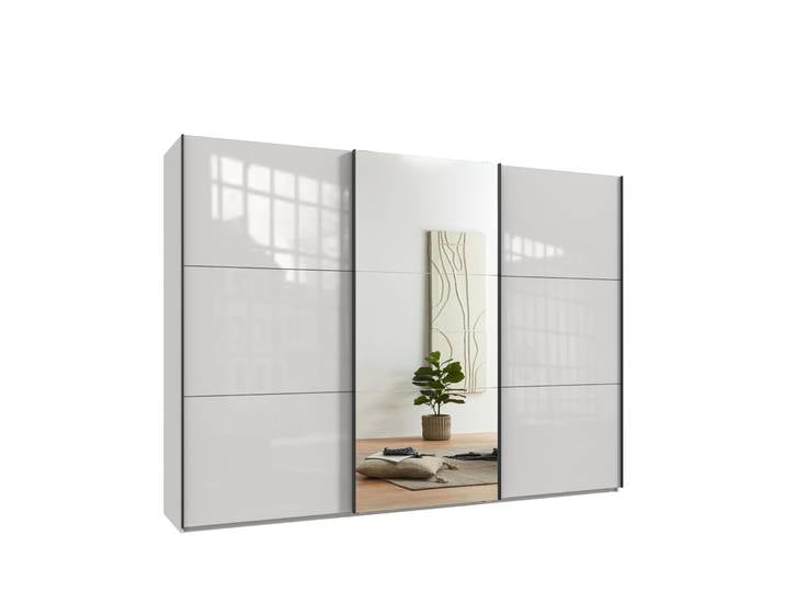 Schwebetürenschrank Kleiderschrank 300 cm Vollausstattung Spiegel Glasfront Weiß / 22039