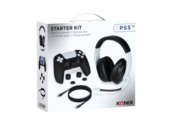Konix Mythics PS5 Starterpack - Kabelgebundenes Headset - Schutzhülle für DualSense-Controller - Daumenstütze - Ladekabel.