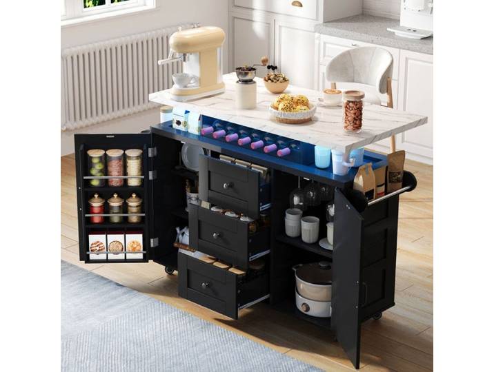 Îlot de Cuisine Mobile 120x42-60x93 cm avec Plan de Travail Rabattable Desserte Cuisine avec 2 tiroirs et 2 Compartiments noir