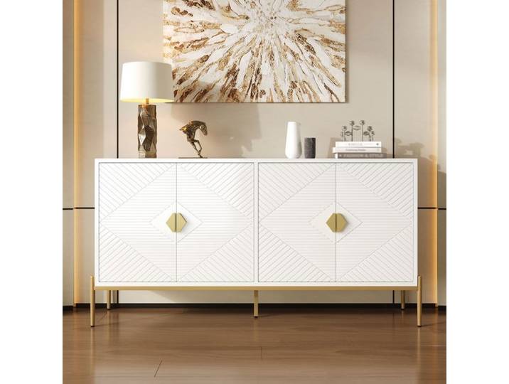 Buffet bas - LEMONBEST - Buffet 162 x 40 x 80 cm - 4 portes - Poignées & pieds métal doré - MDF
