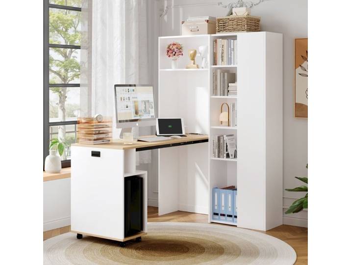 MERAX Bureau Pliant Blanc avec Bibliothèque Meuble Bureau 2-en-1 Gain de Place avec Prise et USB