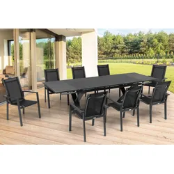 OUTFLEXX Garten-Essgruppe, OUTFLEXX® anthrazit matt, Alu / Spraystone / Textil, Tisch 180/280x100cm, 8 Stapelsessel