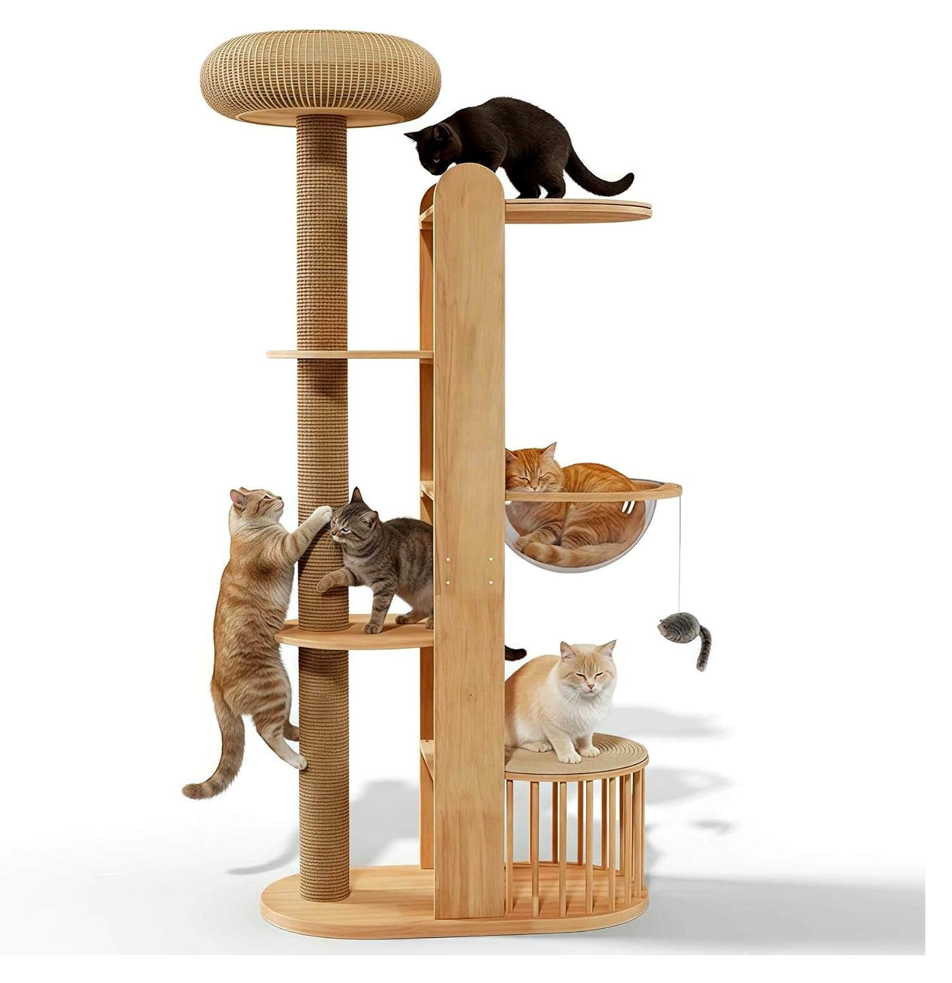 Massivholz Kratzbaum XXL 190 cm - Großes Katzen Spielzeug mit Sisalpfeiler, DREI Plattformen für Mehrkatzenhaushalte, Gemütliches Katzenbett und Raumkapsel, Ideal für große Katzen