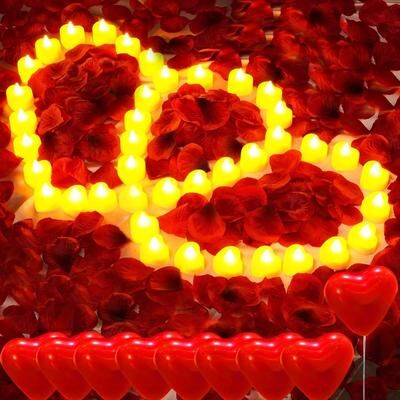 Uplift Essentials Heart Shaped LED Flameless Candles & Rose Petal Set 24pc W 100pc Petal