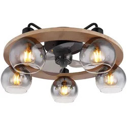 LED Deckenventilator mit Fernbedienung Deckenleuchte Holz Ventilatorlampe Rauchglas, Metall Glas, 5x 6,5W 806Lumen warmweiß, DxH 55x21,5 cm