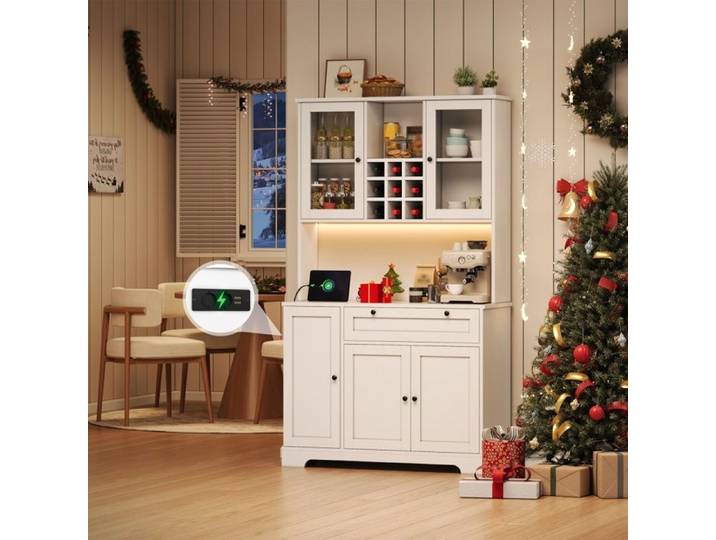 Buffet de Cuisine - 180x105x40cm - Armoire Vaisselier avec Prise Intégrée LED RGB Étagère à Épices et Porte en Verre - Blanc