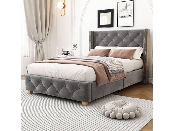 Lit Simple Rembourré 90x200 cm avec Sommier à Lattes Structure de Lit avec Tête de Tête de Lit Lit Simple en Velours Gris