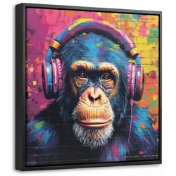 LEINWAND Bilder mit Rahmen - Graffiti - Schimpanse - Straßenkunst - Kopfhörer - Affe - 20x20