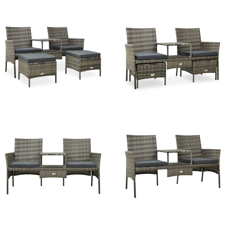vidaXL 2 Sitzer Gartensofa mit Teetisch und Hocker Poly Rattan Grau - Sofa-Set - Sofa-Sets - Bank-Set - Bank-Sets
